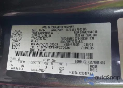 2017 Ford F-150 Lariat z USA, uszkodzony, nr VIN 1FTEW1EF9HFC70926